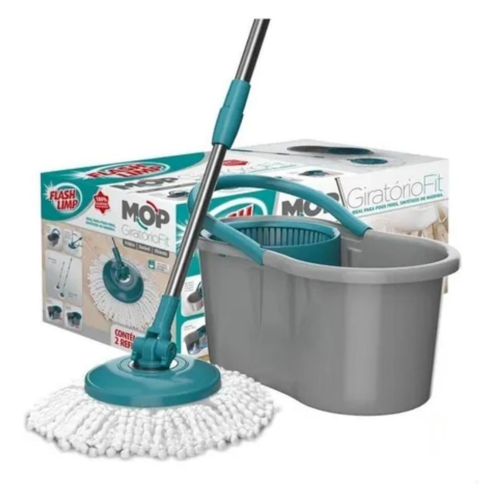Esfregão Mop Giratório Fit Flashlimp + Balde Multiuso 8 Litros Original Kit Cabo Inox Regulável Cesto
