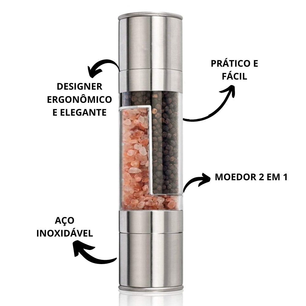 Moedor Sal e Pimenta Manual Duplo Gourmet Manual 2 Em 1 Aço Inox GourmetGrind