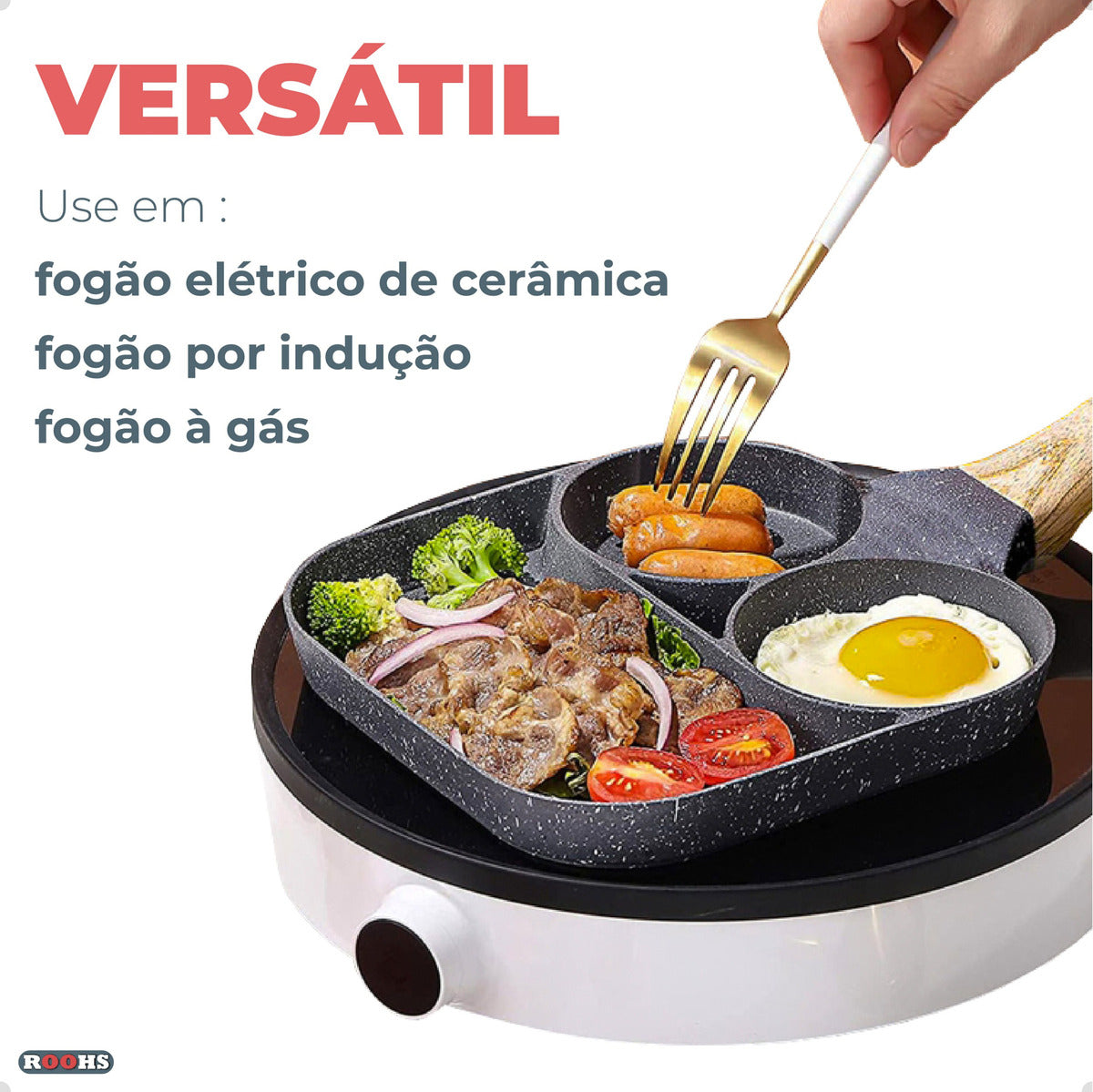 Frigideira Antiaderente 3 em 1 para Ovos, Hambúrguer e Panquecas 19cm Indução - Prática e Saudável