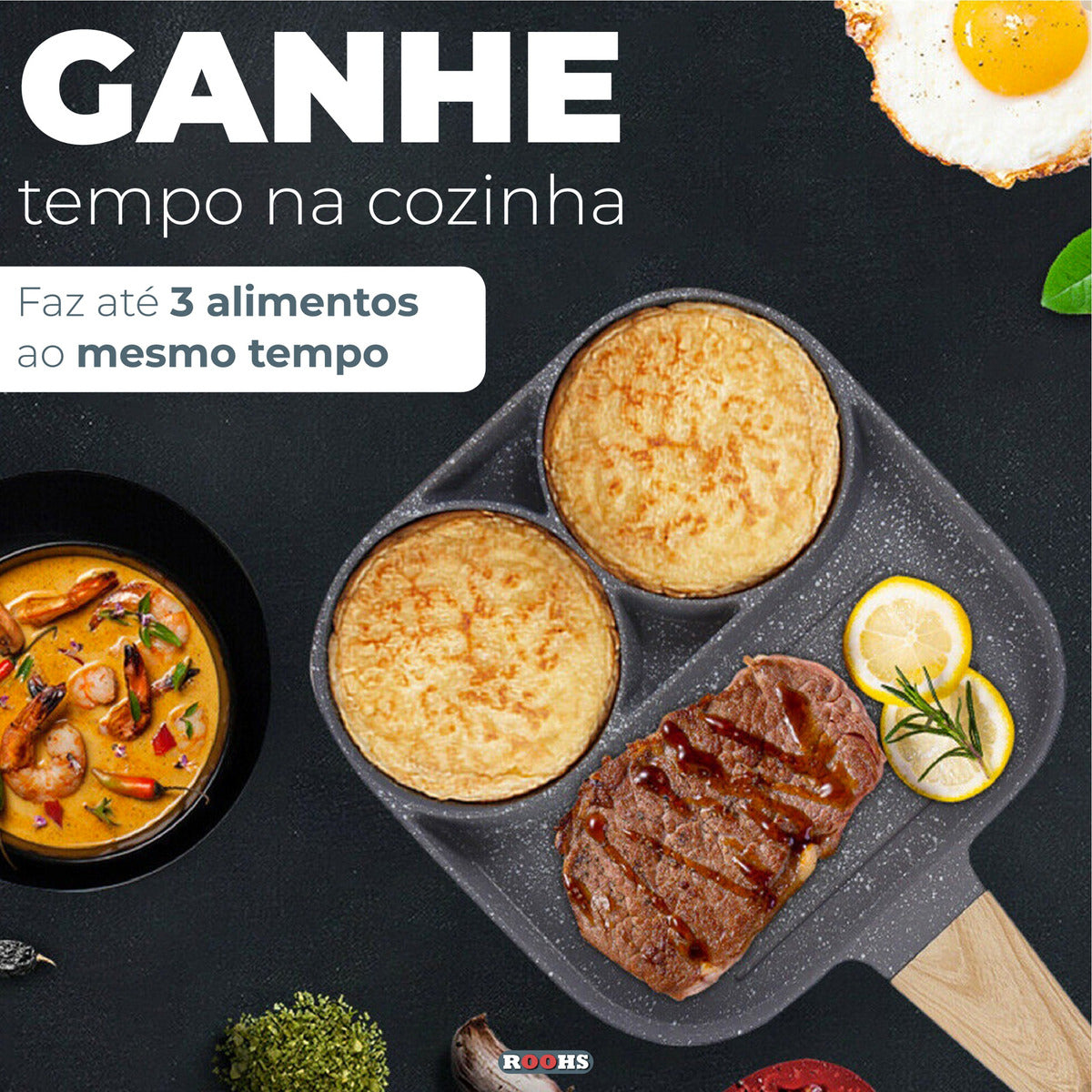 Frigideira Antiaderente 3 em 1 para Ovos, Hambúrguer e Panquecas 19cm Indução - Prática e Saudável