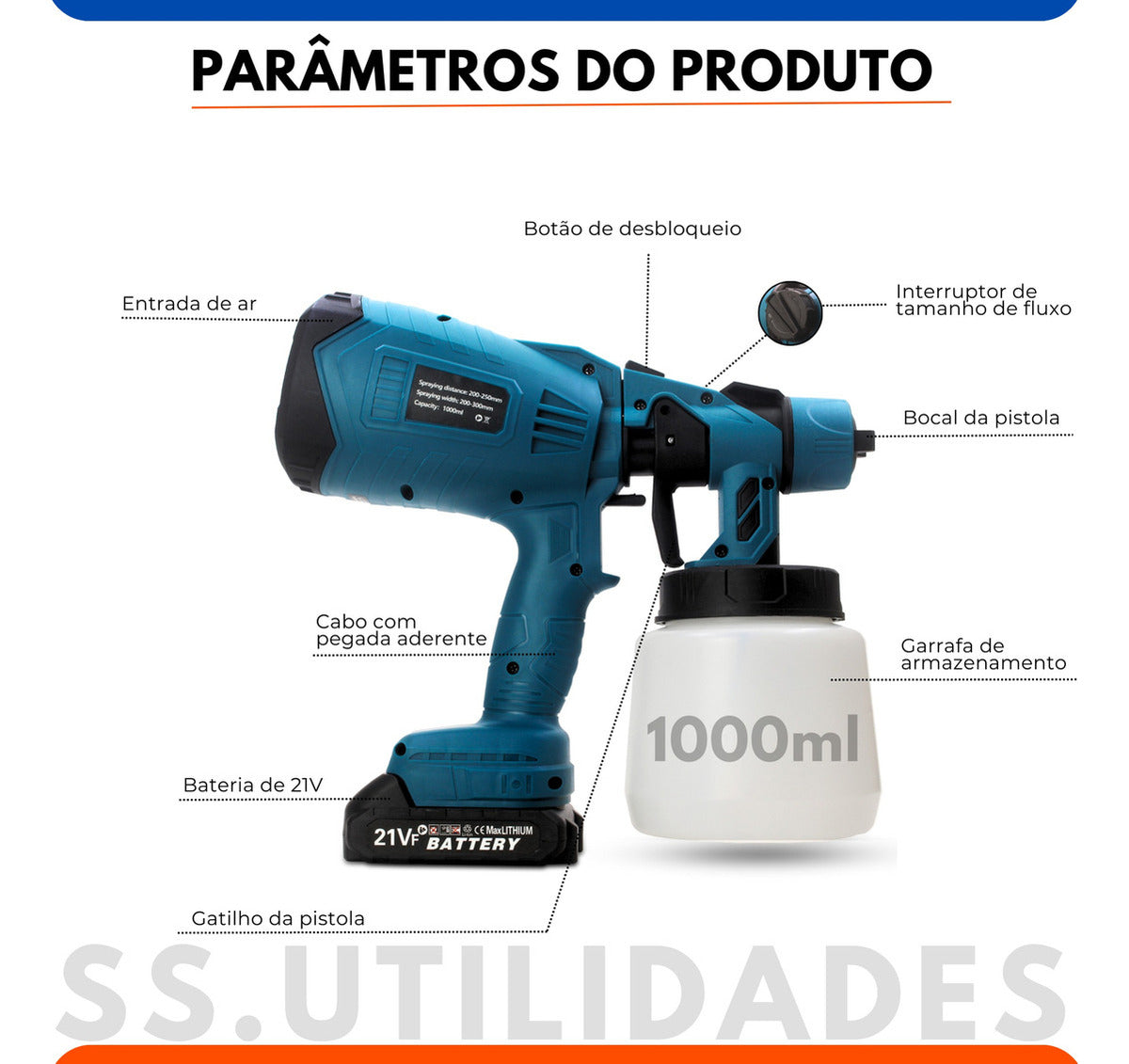 Pistola Pulverizadora Elétrica Sem Fio 200W 1000ml HVLP para Pintura - Rapidez e Acabamento Perfeito