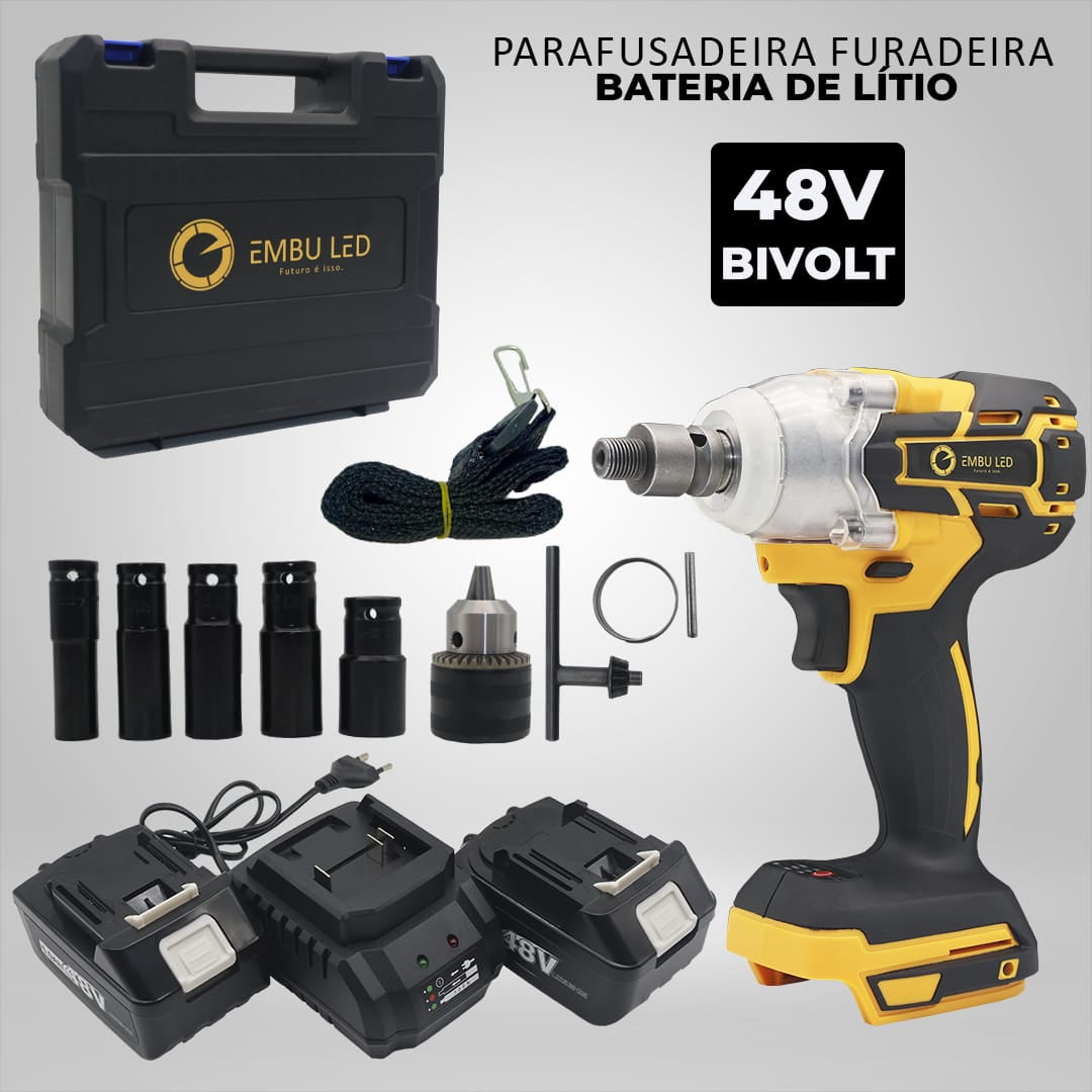 Parafusadeira Furadeira E Chave De Impacto Sem Fio 48v 2 Bat