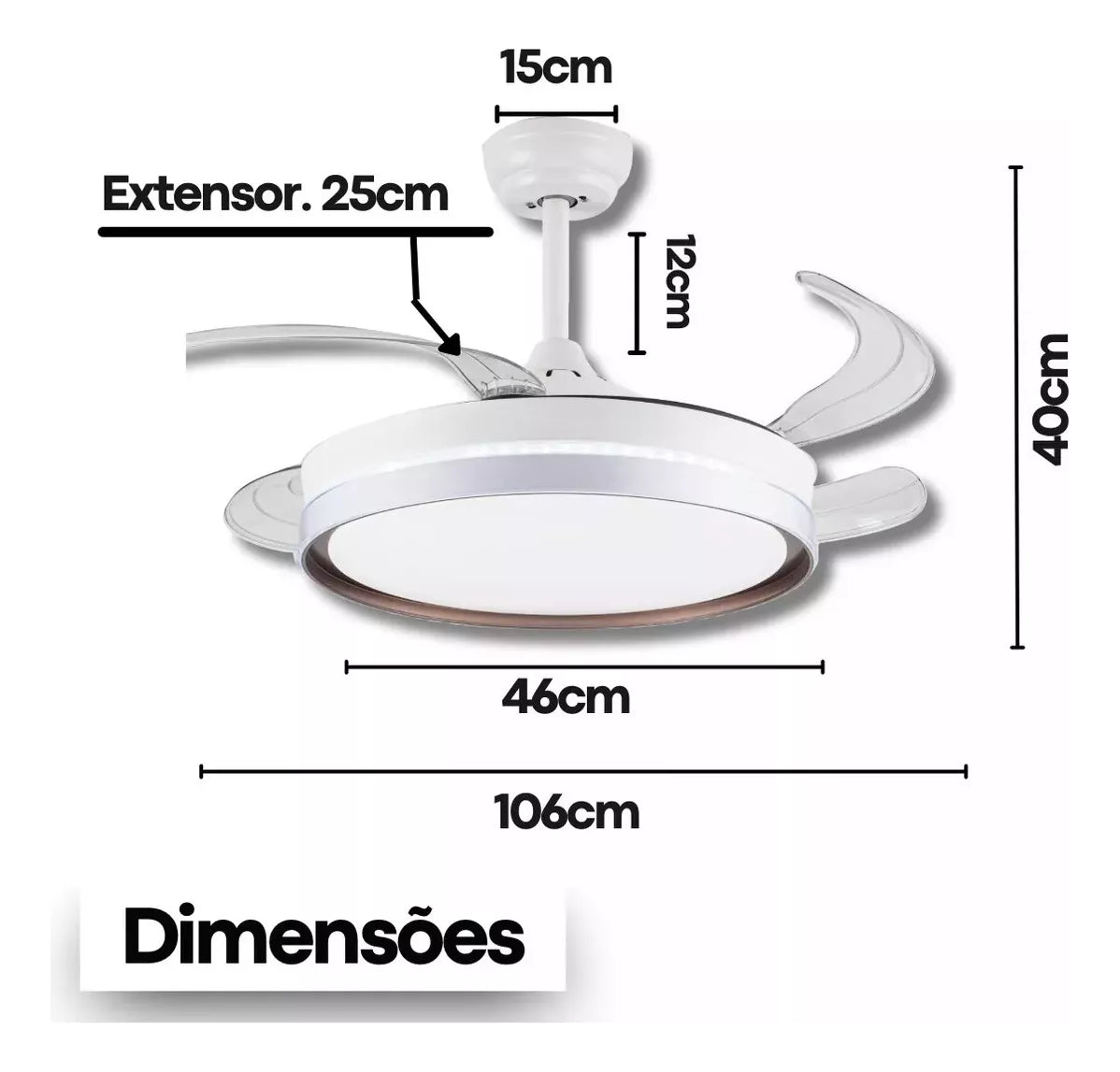 Ventilador de Teto LED Retrátil 46cm 6 Velocidades Controle Remoto Bivolt Branco com Pás Transparentes - Conforto e Elegância