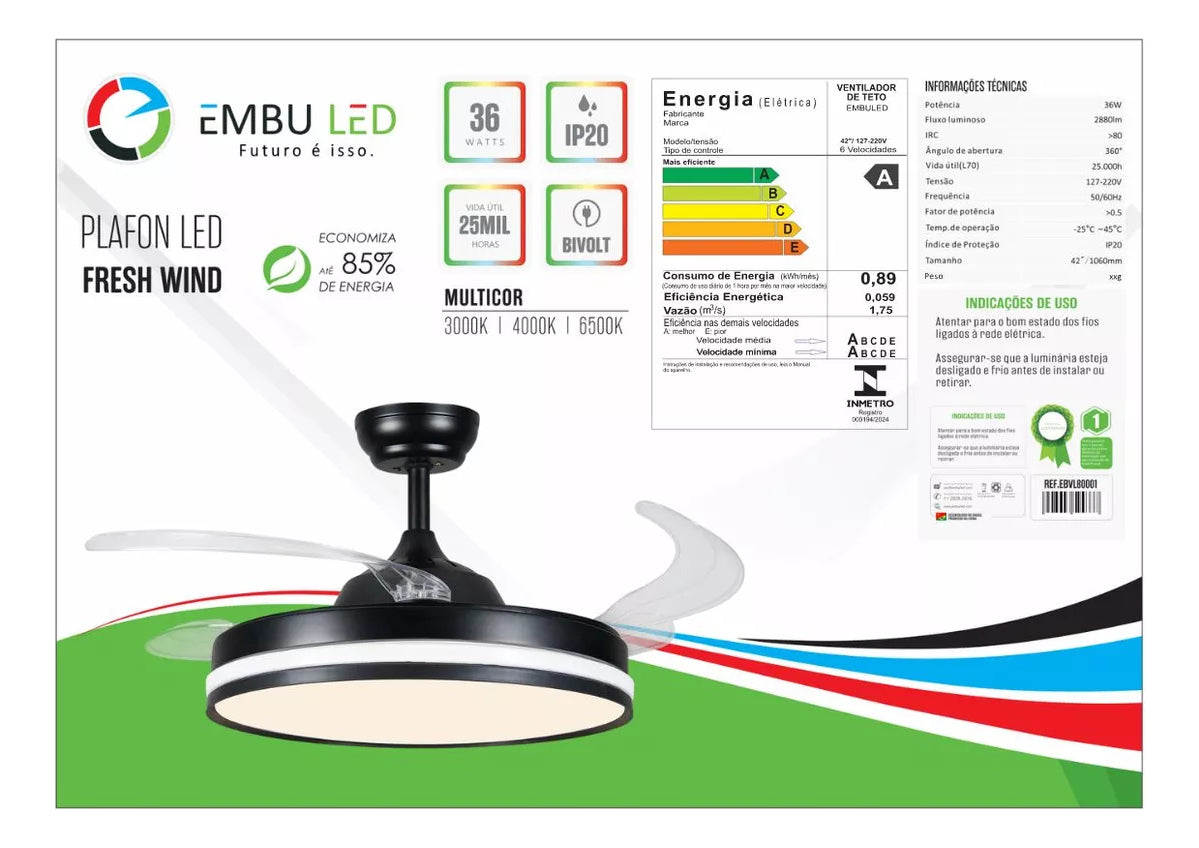 Ventilador Teto Retratil Controle Remoto Led 3 Cores 4 Pás