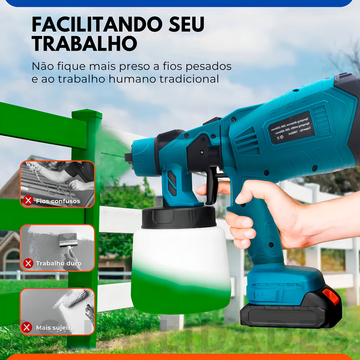Pistola Pulverizadora Elétrica Sem Fio 200W 1000ml HVLP para Pintura - Rapidez e Acabamento Perfeito