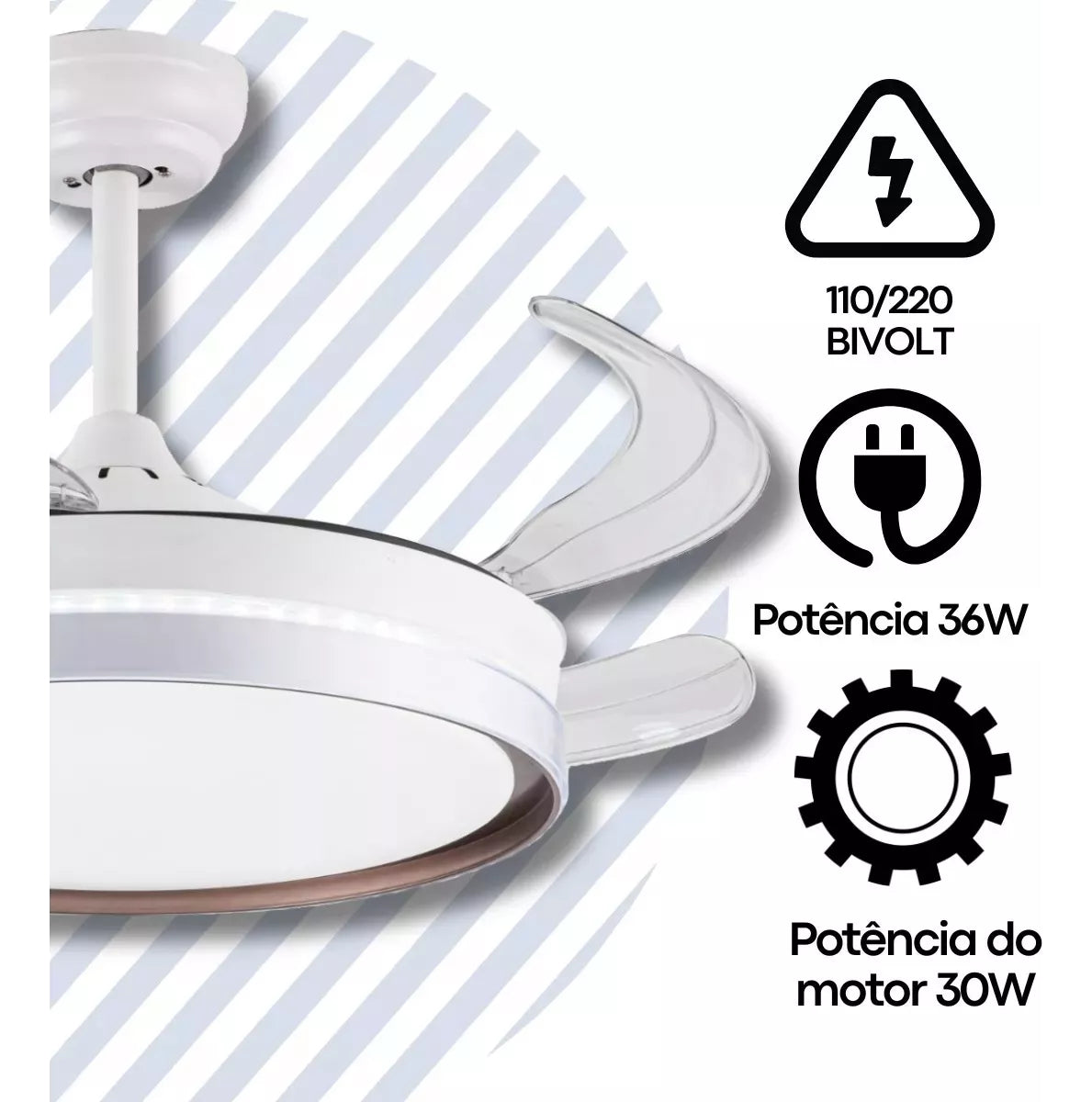 Ventilador de Teto LED Retrátil 46cm 6 Velocidades Controle Remoto Bivolt Branco com Pás Transparentes - Conforto e Elegância