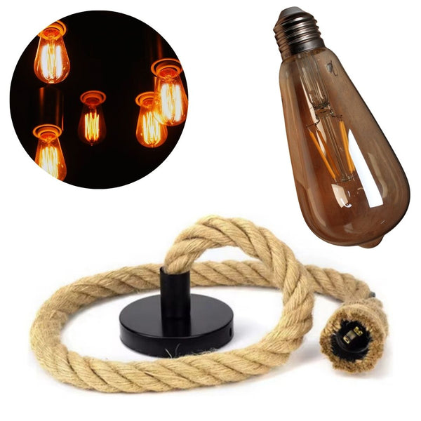 Kit Pendente Corda Sisal Retro 1M + Lâmpada LED Filamento 4W – Iluminação Vintage e Aconchegante!