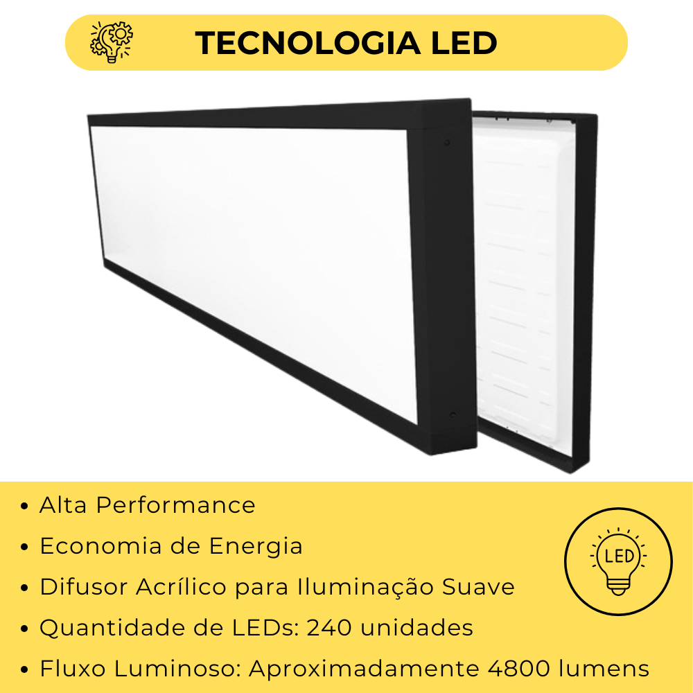 Luminaria 30x120 Plafon Sobrepor 6500k Branco Frio Painel Led Retangular Preta 48w