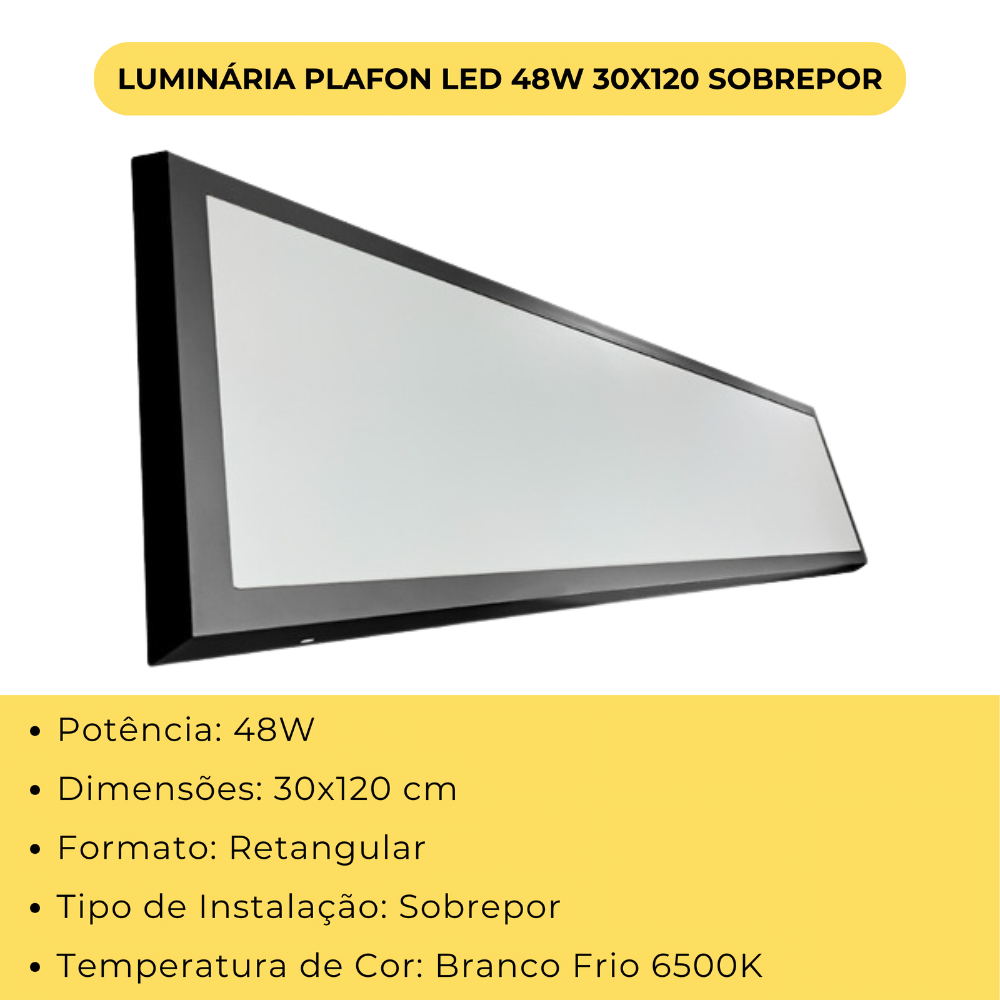 Luminaria 30x120 Plafon Sobrepor 6500k Branco Frio Painel Led Retangular Preta 48w