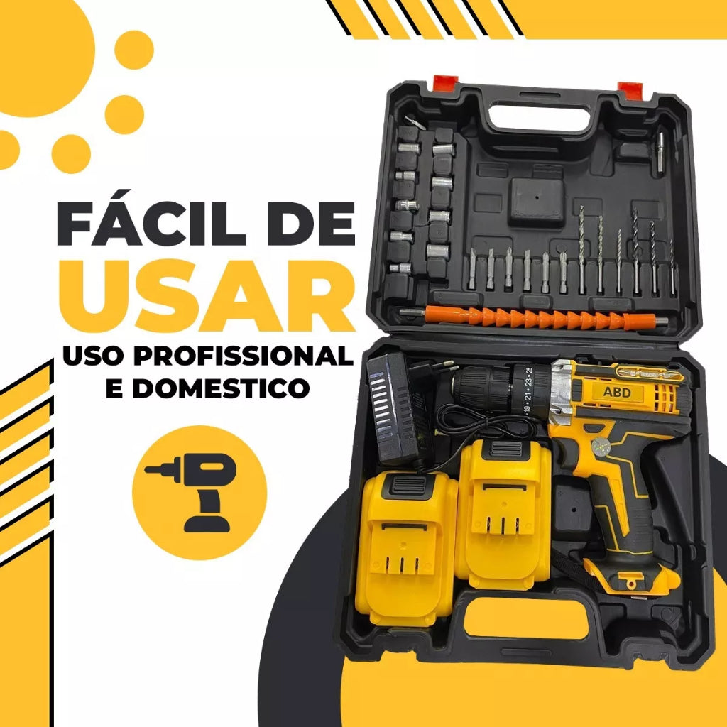 Parafusadeira Furadeira Maxspin 21v 2 Baterias Com Maleta Completo + 32 Acessórios Profissional Amarela