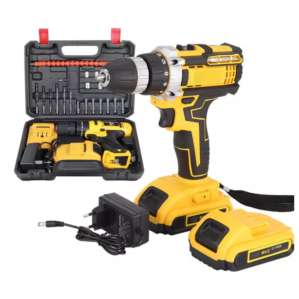 Parafusadeira Furadeira Maxspin 21v 2 Baterias Com Maleta Completo + 32 Acessórios Profissional Amarela