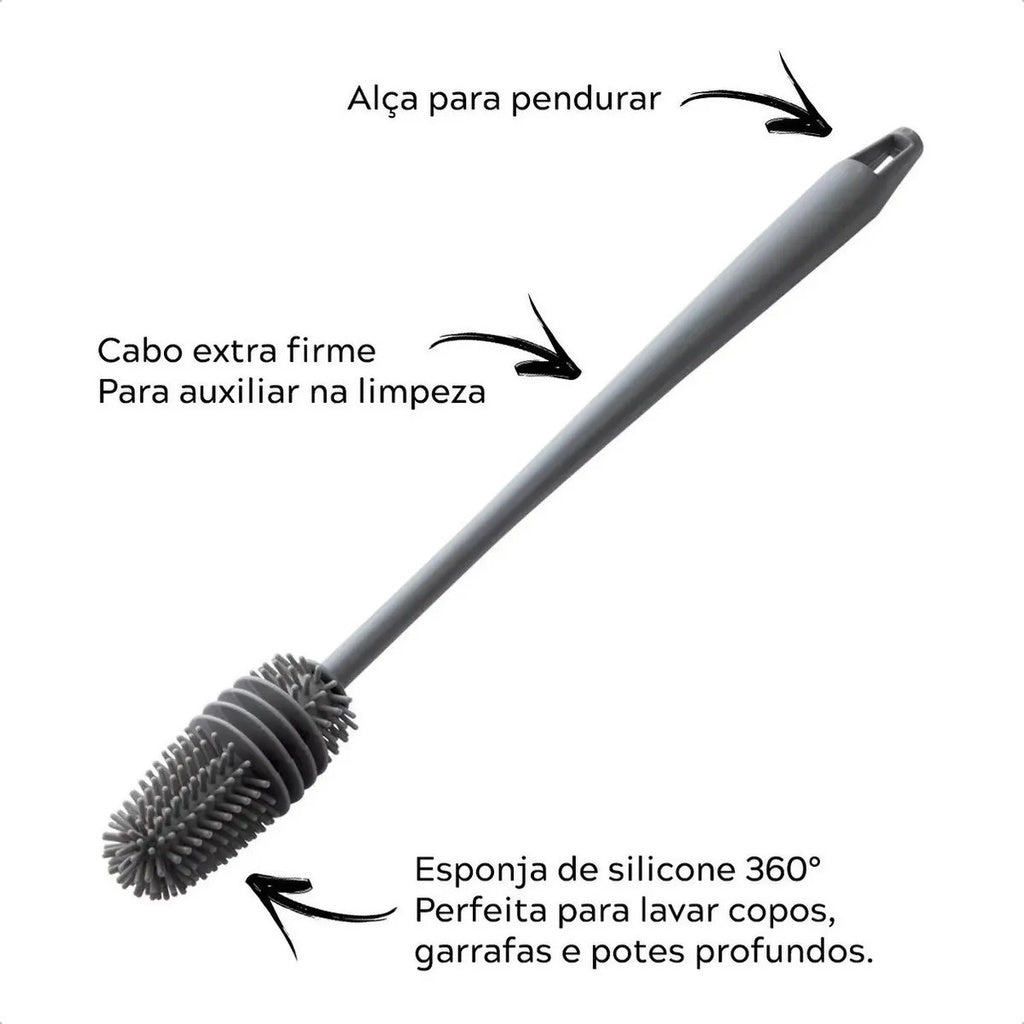 Escova de Silicone 33cm para Copos, Mamadeiras e Garrafas - Limpeza Fácil e Eficiente!