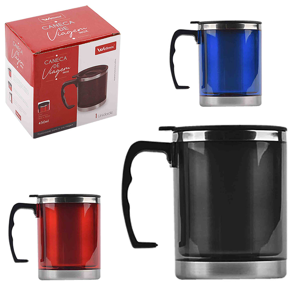Caneca Térmica Inox 450ml com Alça e Tampa Bebida Fria ou Quente