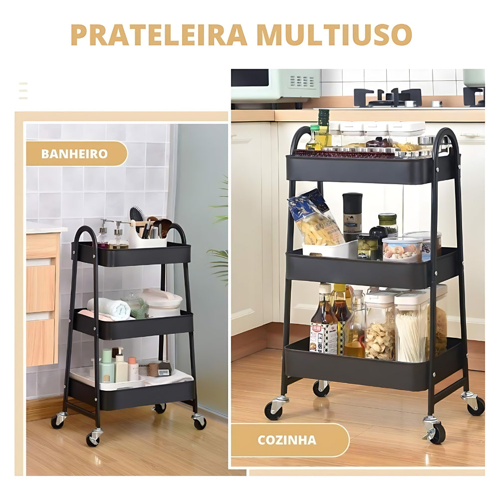 Carrinho Organizador 3 Andares com Rodinhas para Cozinha, Escritório e Salão de Beleza - Prateleira Multiuso Fruteira 15kg por Andar