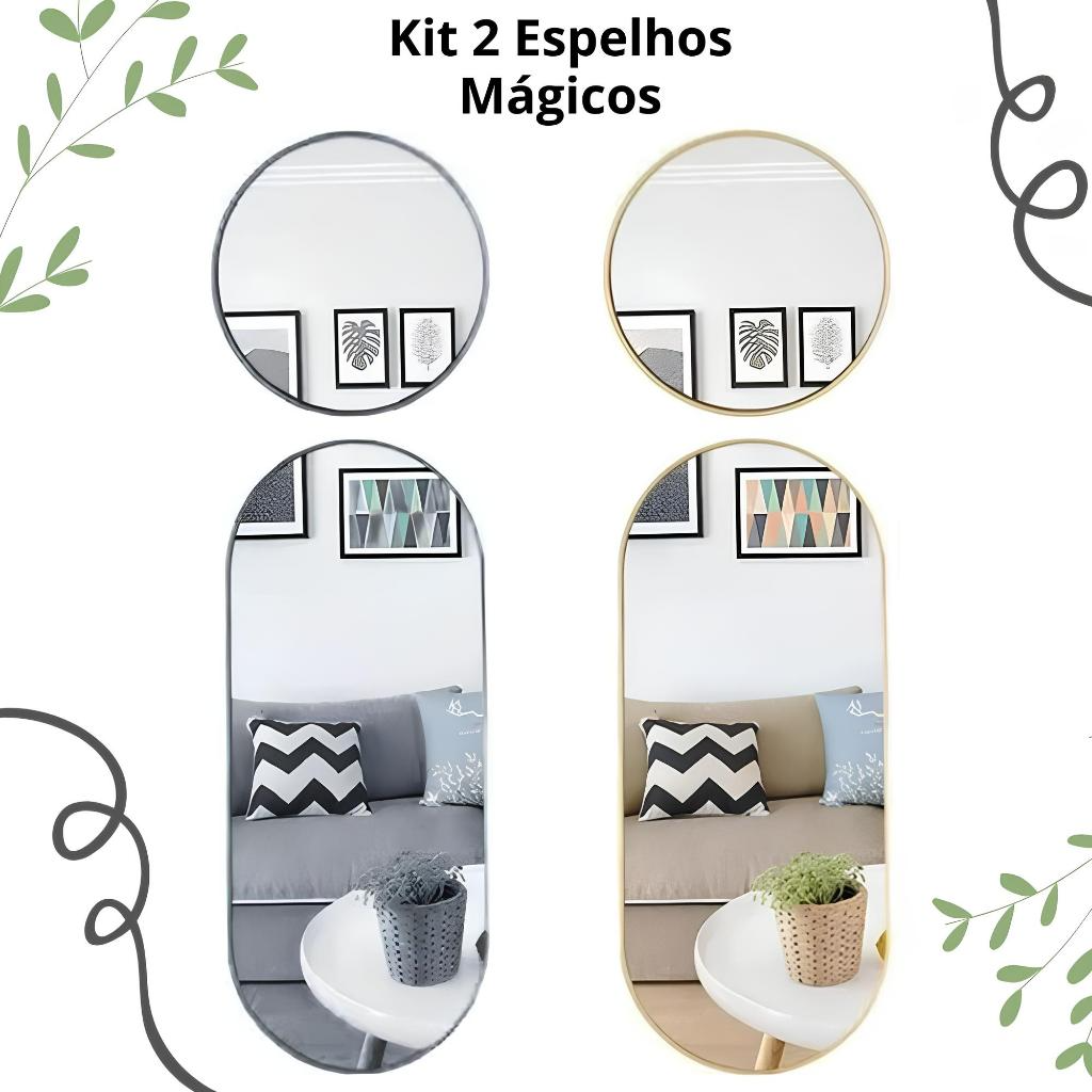 Kit 2 Espelhos Decorativos Redondo (29cm) + Oval (29x68,5cm) – Elegância e Amplitude para Sua Casa!