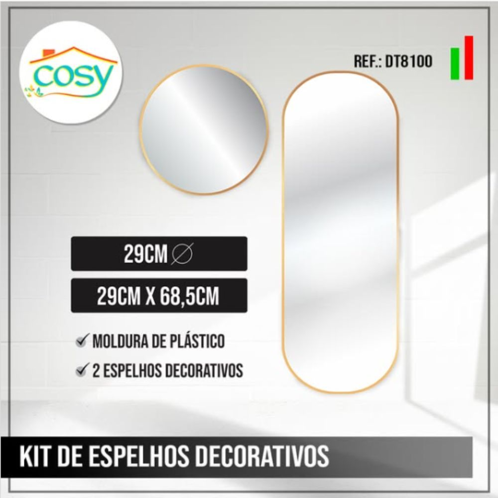 Kit 2 Espelhos Decorativos Redondo (29cm) + Oval (29x68,5cm) – Elegância e Amplitude para Sua Casa!