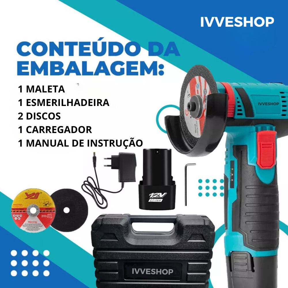 Esmerilhadeira Lixadeira PowerGrip Portátil Bateria Recarregável 12V Serra Mármore