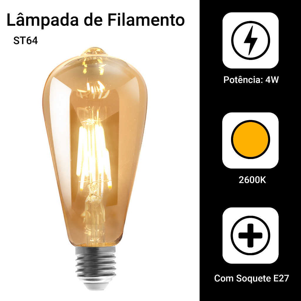 Kit com 6 Lâmpadas Filamento LED Retrô ST64 4W – Ilumine com Estilo Vintage!