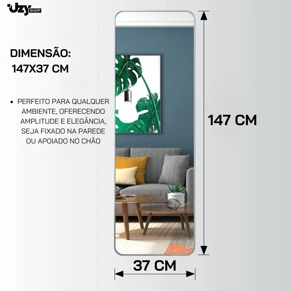 Espelho Base Reta Corpo Inteiro 147x37 Com Suporte de Chão Moldura Alumínio Quarto Sala Decorativo