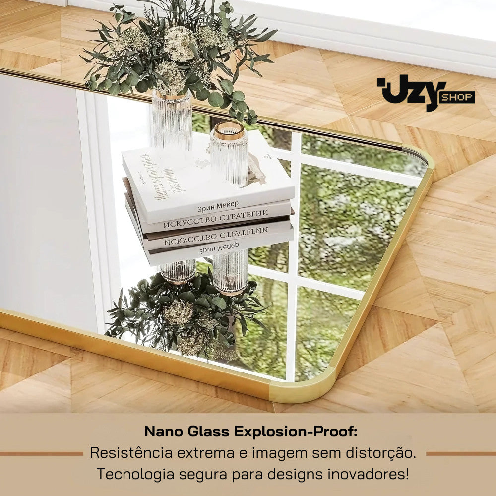 Espelho Base Reta Corpo Inteiro 147x37 Com Suporte de Chão Moldura Alumínio Quarto Sala Decorativo