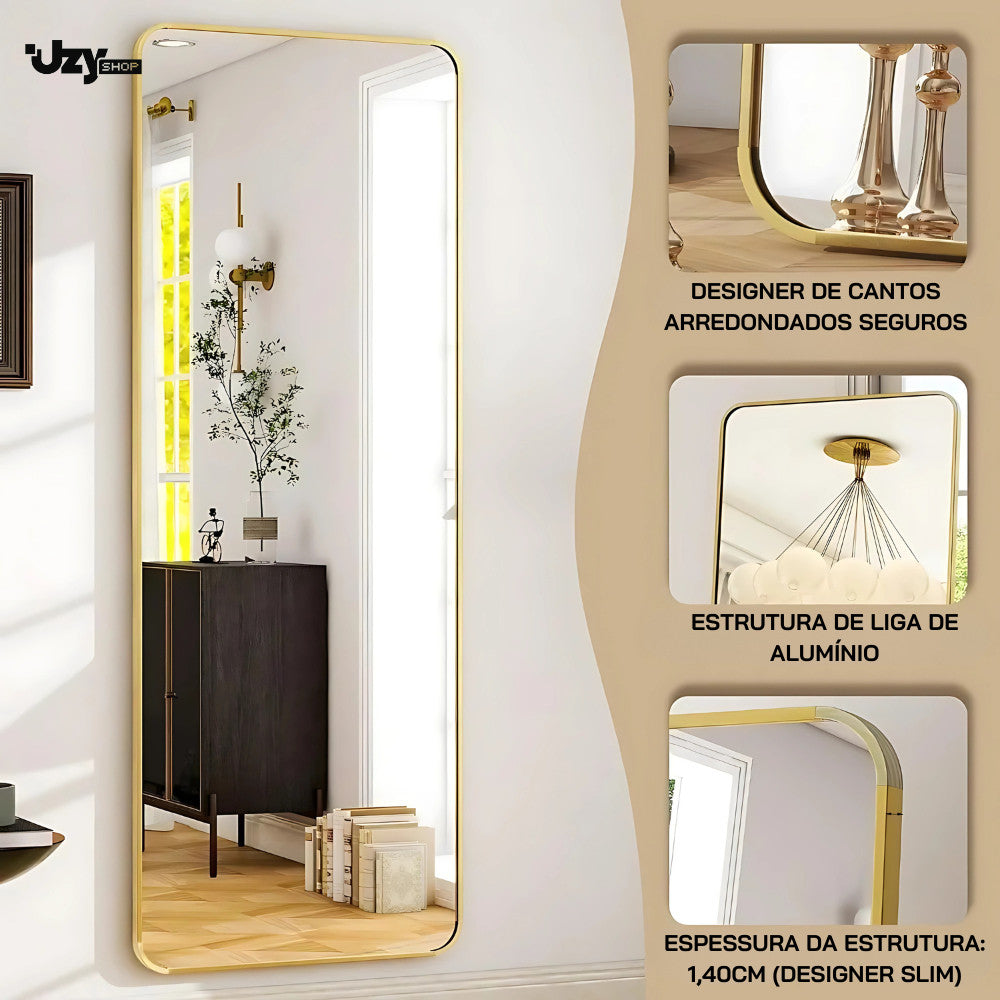 Espelho Base Reta Corpo Inteiro 147x37 Com Suporte de Chão Moldura Alumínio Quarto Sala Decorativo