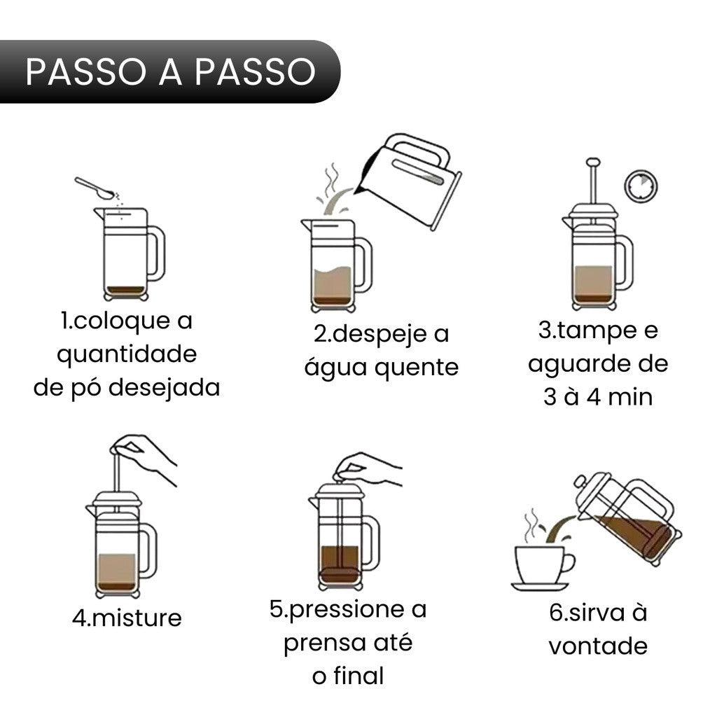 Cafeteira Prensa Francesa Cremeira em Vidro e Inox - Capacidade de 350ml, 600ml, 800ml e 1000ml para Café e Chá