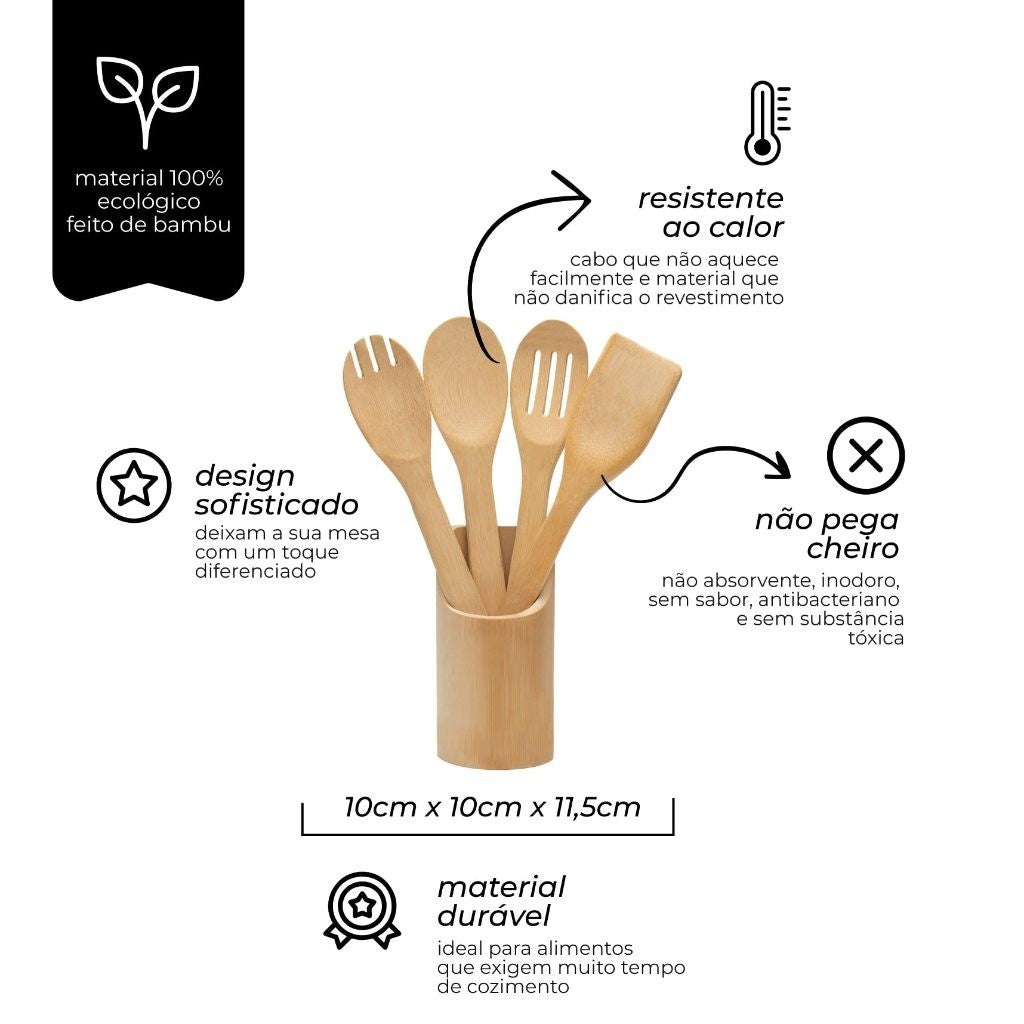 Kit 5 Colher de Pau Utensílios de Cozinha Bambu Mimo Style Madeira Espátula Colher Cozinha Culinária