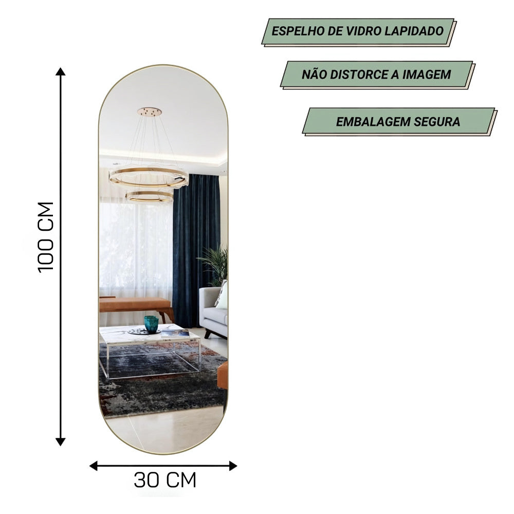 Espelho Oval 100x40 Grande Moldura Alumínio Quarto Sala Decorativo