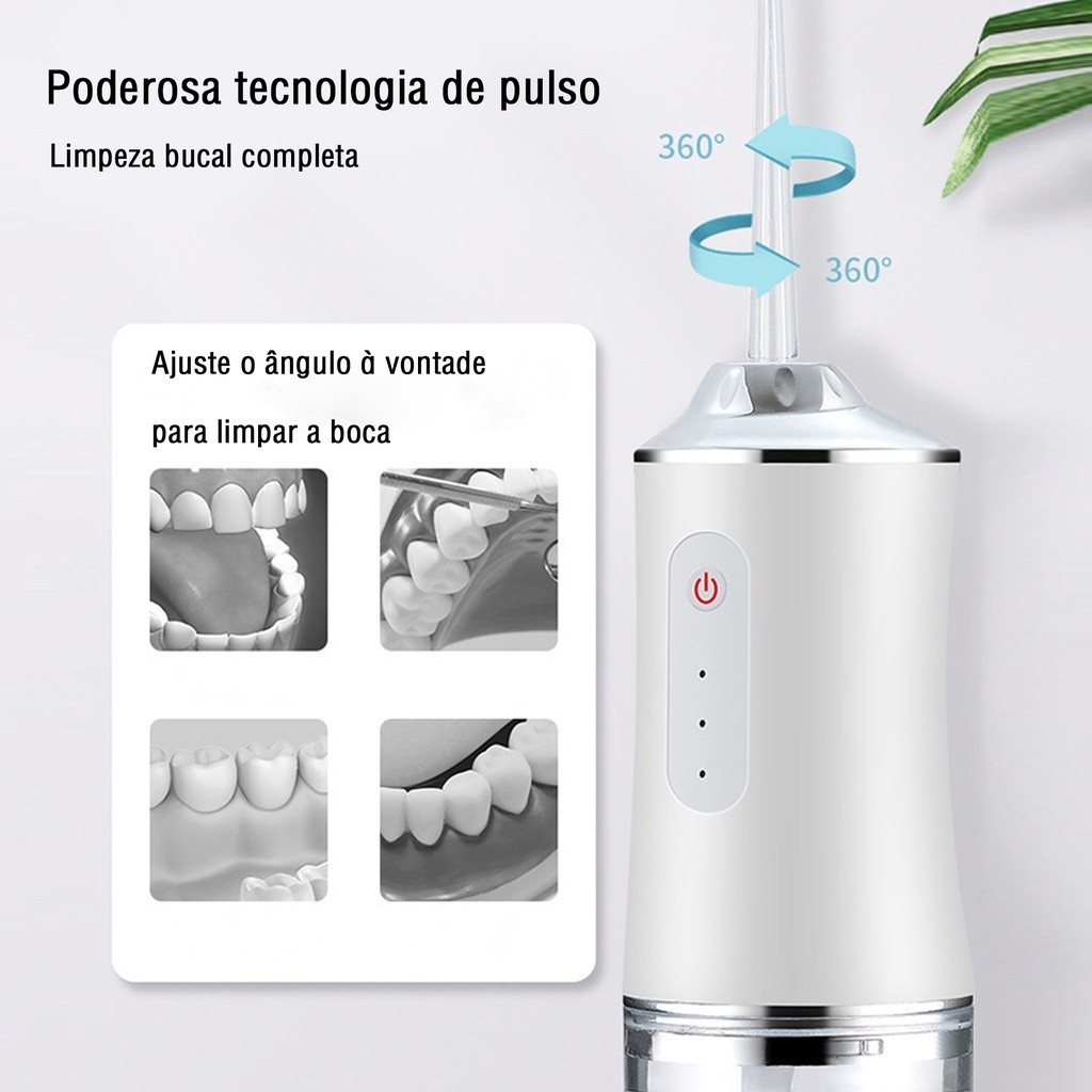Irrigador Oral Water Flosser Portátil 300ml Branco/Verde/Rosa – Higiene Bucal Avançada!
