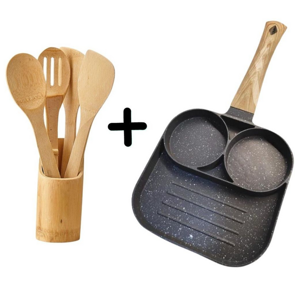 Frigideira Antiaderente com 3 Compartimentos + Kit de 5 Utensílios de Bambu