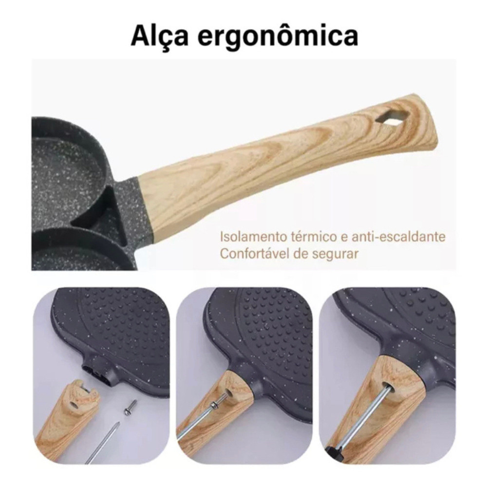 Frigideira Antiaderente com 3 Compartimentos + Kit de 5 Utensílios de Bambu