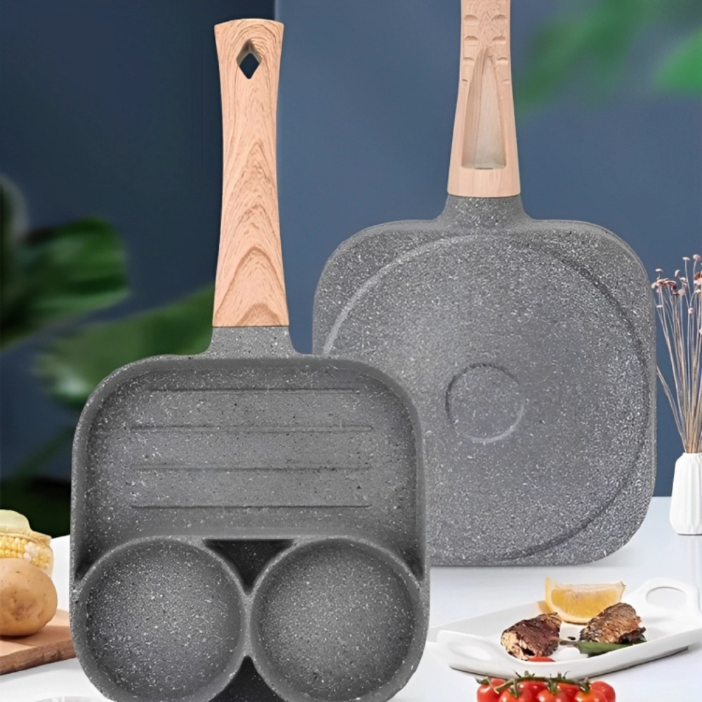Frigideira Antiaderente com 3 Compartimentos + Kit de 5 Utensílios de Bambu