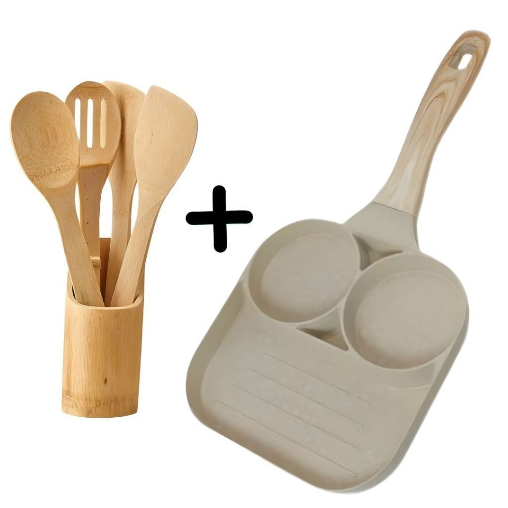Frigideira Antiaderente com 3 Compartimentos + Kit de 5 Utensílios de Bambu