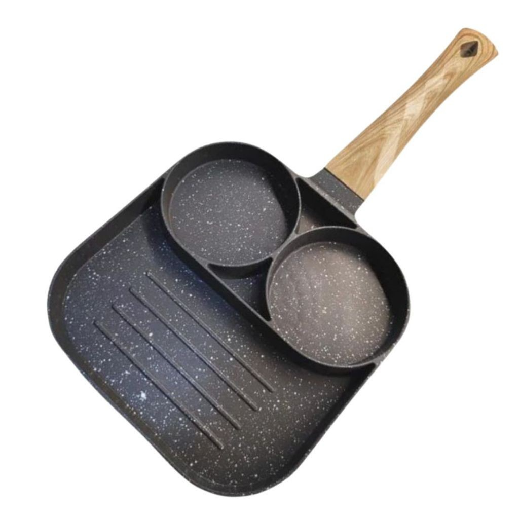 Frigideira Antiaderente com 3 Compartimentos + Kit de 5 Utensílios de Bambu