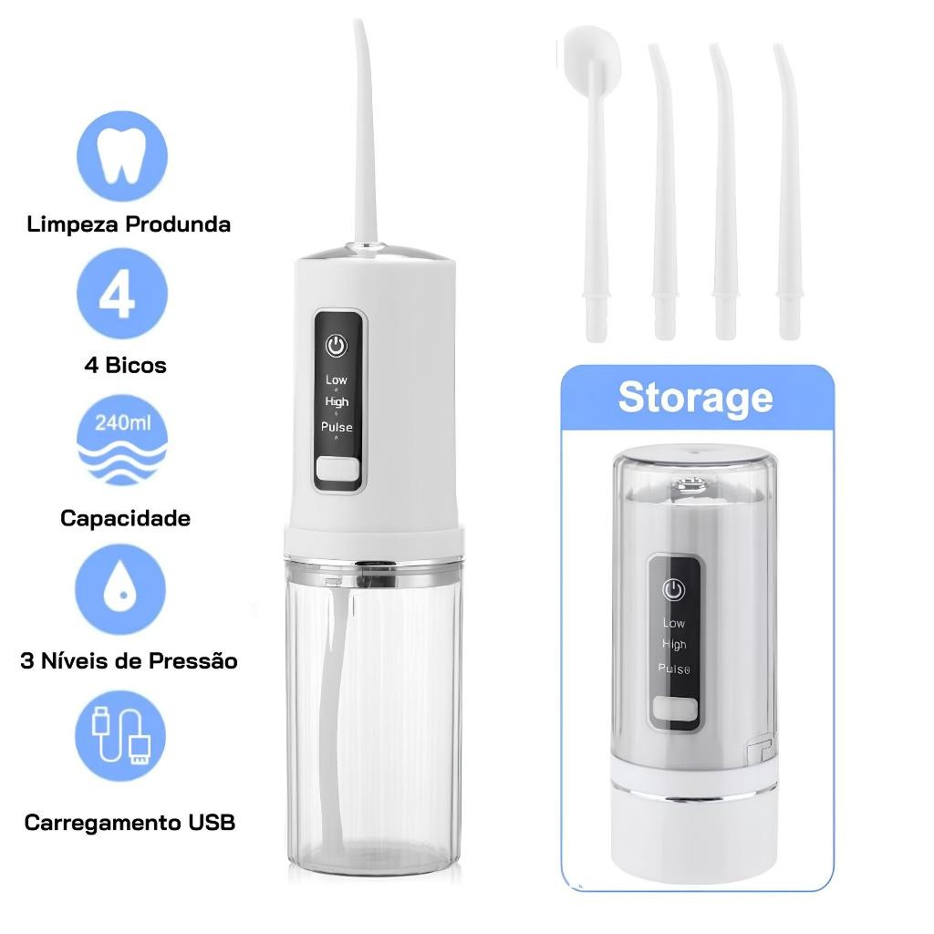 Irrigador Oral Water Flosser Portátil 300ml Branco/Verde/Rosa – Higiene Bucal Avançada!