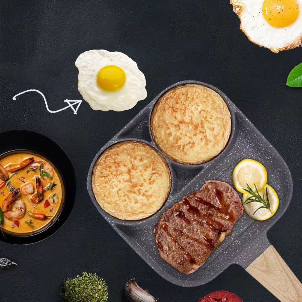 Frigideira Antiaderente com 3 Compartimentos + Kit de 5 Utensílios de Bambu