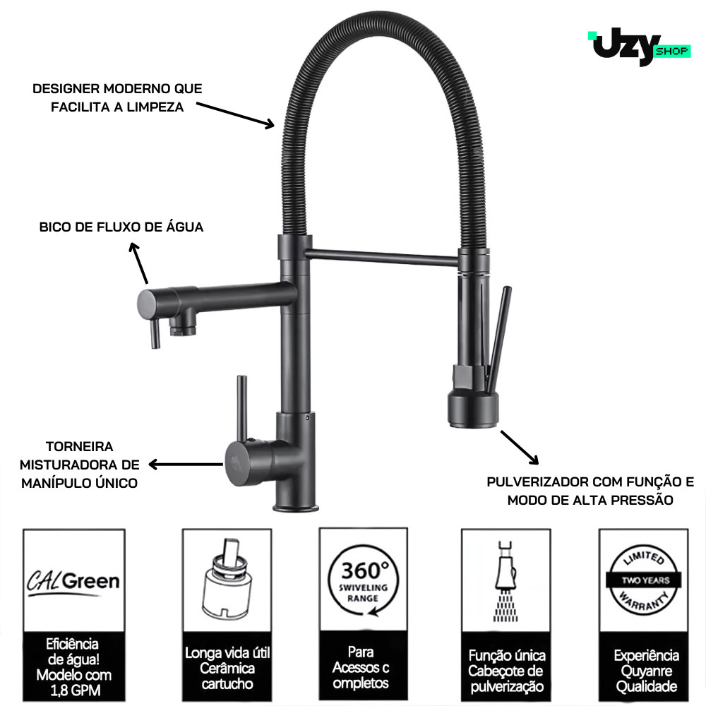 Torneira Cozinha Gourmet Misturador Ducha Duo Spray Preto – Estilo e Funcionalidade Premium!