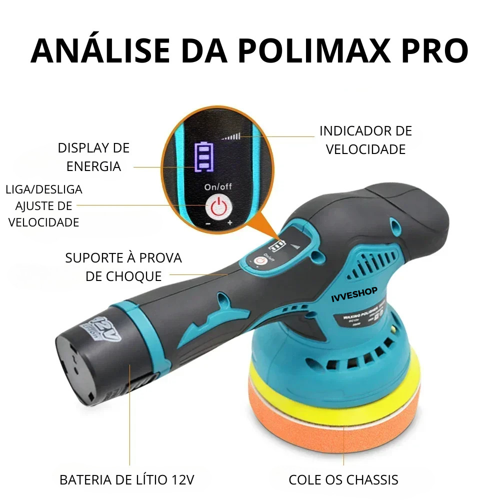 Lixadeira Polidora Portátil Sem Fio Polimax Pro 12V Bateria Extra – Polimento Profissional em Suas Mãos!